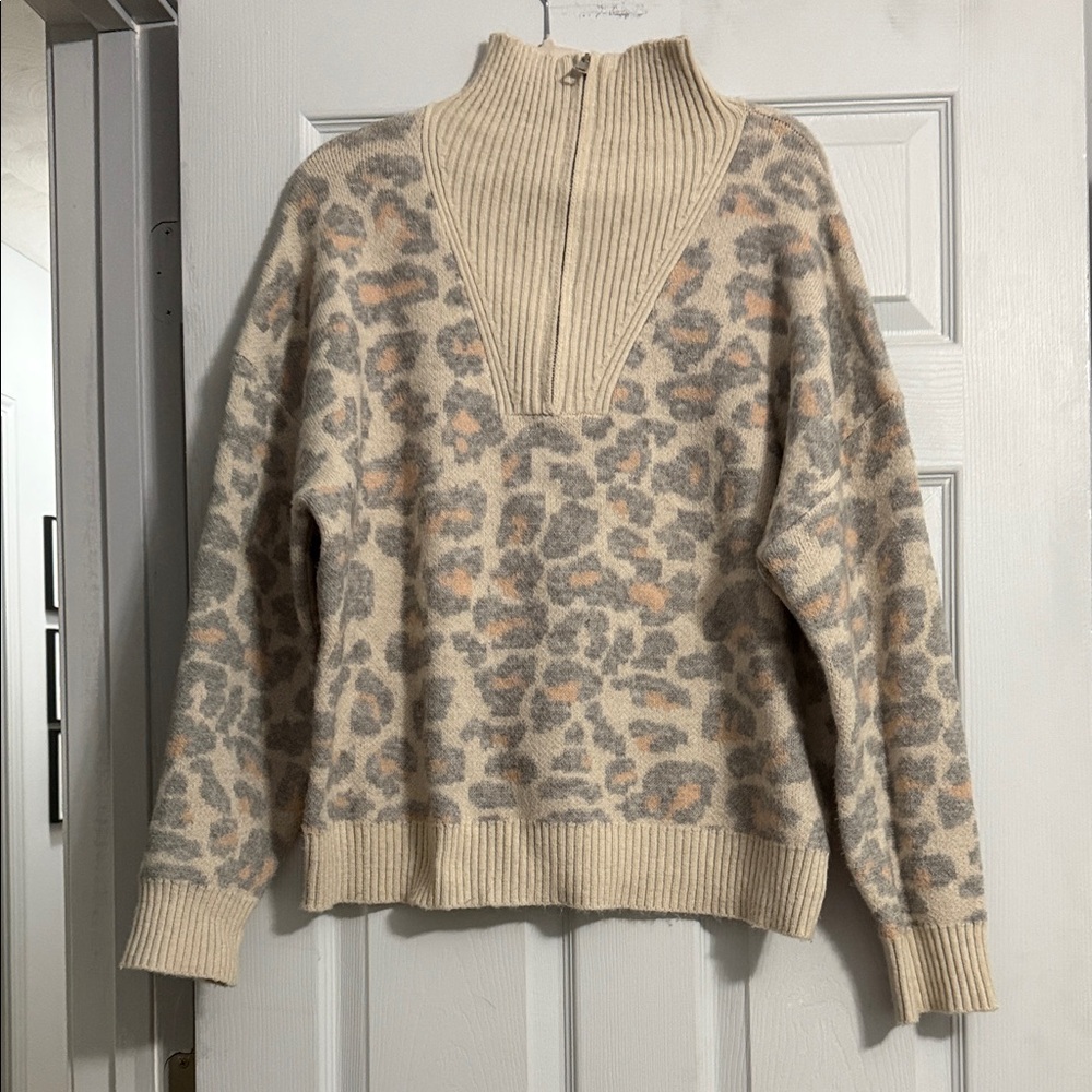 Umgee Cream and Gray Leopard Half-Zip Turtleneck Sweater